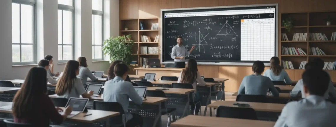 Math teacher instructing students in a modern classroom.