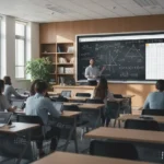 Professeur de maths enseignant dans une salle de classe moderne.