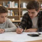 Deux garçons font leurs devoirs de maths dans une bibliothèque, un adolescent aidant le plus jeune.