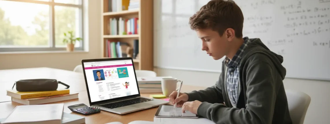 A middle school student studying maths at home with an online tutoring platform.