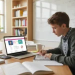 Collégien étudiant les maths avec un site de soutien scolaire en ligne