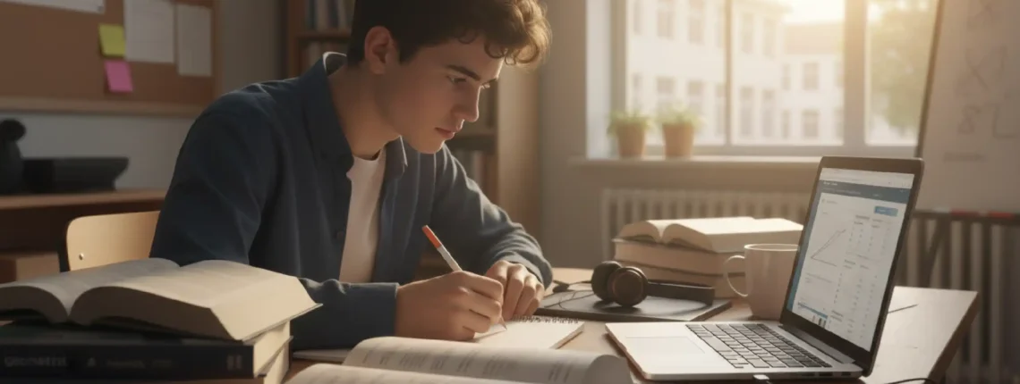 A student taking a home math lesson via video call, surrounded by notes and worksheets.