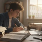 Élève étudiant les maths avec ordinateur et livres.