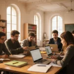 Des jeunes étudient les maths en groupe dans une pièce.