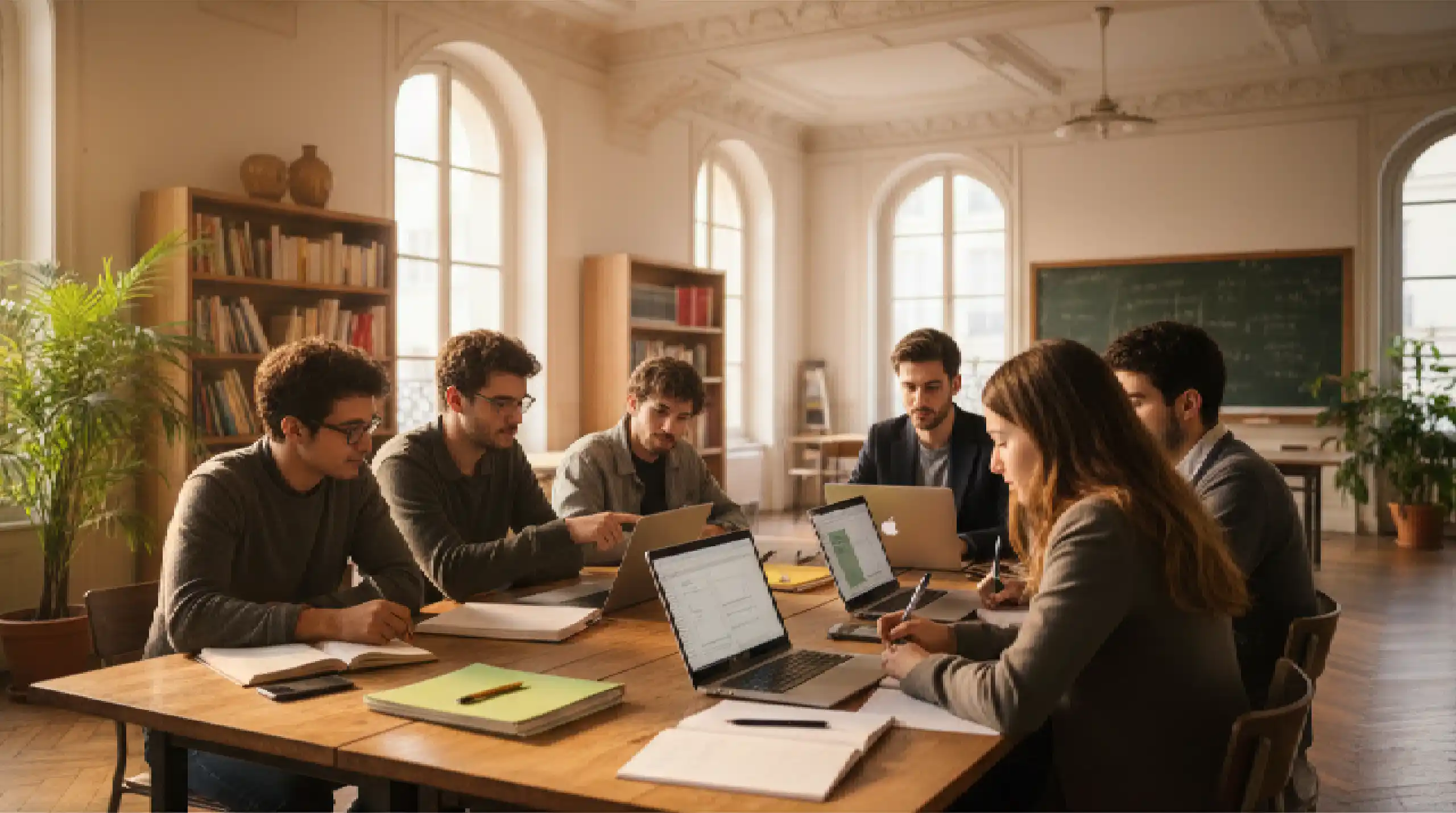 Young students studying maths together in a bright room.