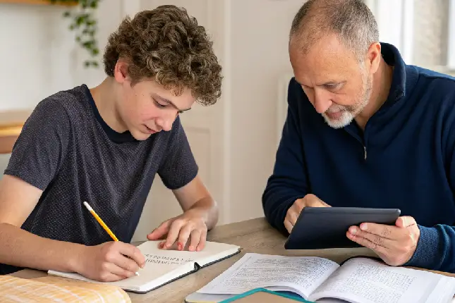 Student receiving at-home private math lessons from a tutor.