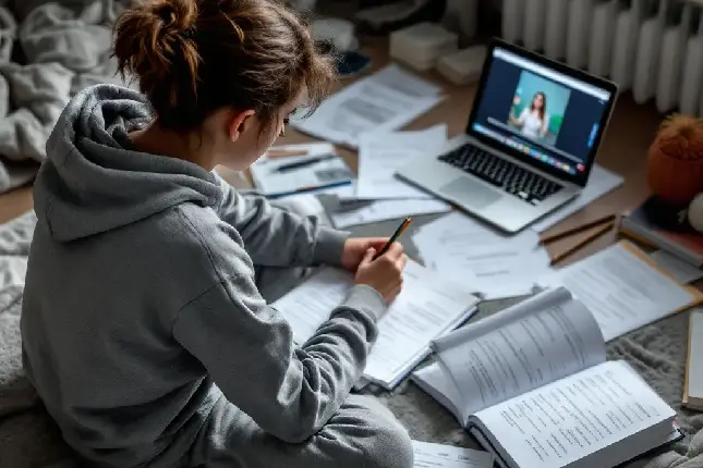 A student taking a home math lesson via video call, surrounded by notes and worksheets.
