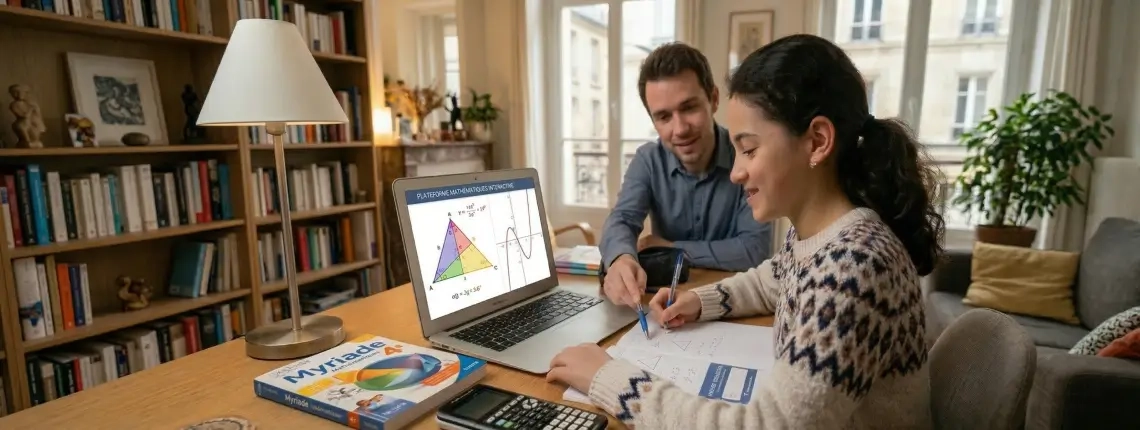 A middle school student revising geometry with a private math tutor at home.